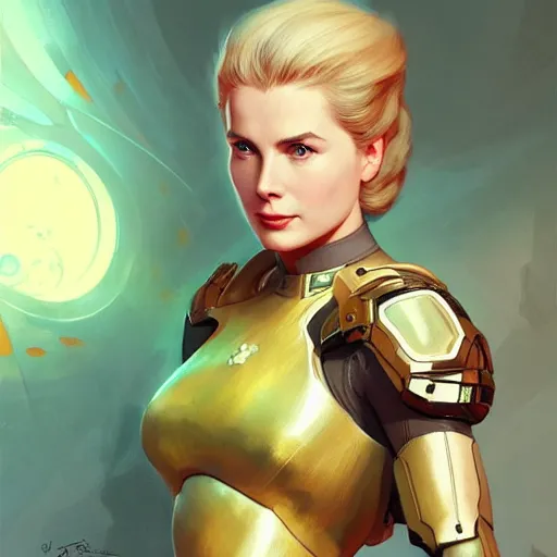 Prompt: Grace Kelly as Samus, western, D&D, fantasy, intricate, elegant, highly detailed, digital painting, artstation, concept art, matte, sharp focus, illustration, art by Artgerm and Greg Rutkowski and Alphonse Mucha