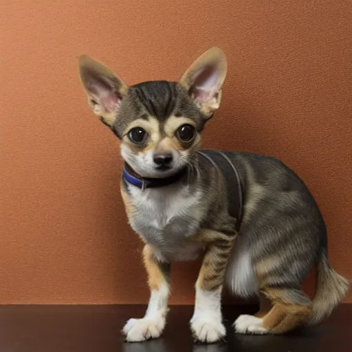 Image similar to studio photo of a tabby cat chihuahua hybrid, 4k