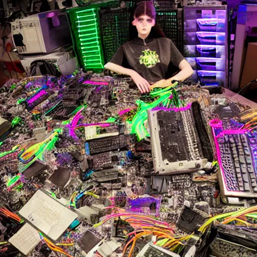 Image similar to a pile of neon lit motherboards and computer parts covering Grimes sitting in a large vintage room