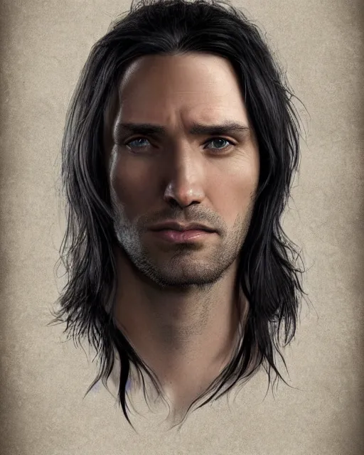 Image similar to portrait of tall, tired 3 3 - year - old handsome man with long black hair, grey eyes, wearing black clothes, hyper realistic face, beautiful eyes, character art, art by mark brooks, hyperdetailed, cryengine, trending on artstation, digital art