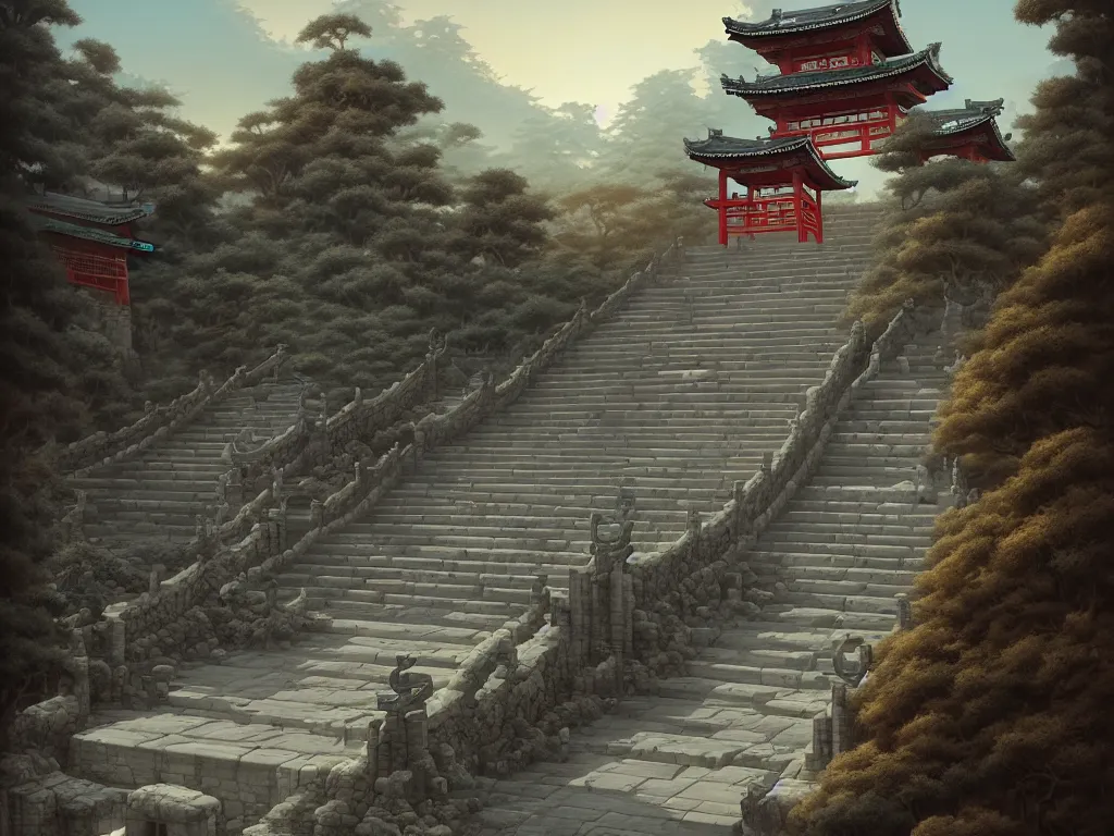 Image similar to tang dynasty shinto gate at the top of many stone steps, by peter mohrbacher and dan mumford and nekro, cgsociety, volumetric light, 3 d render