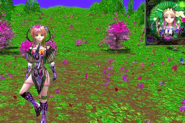 Image similar to cute female forest spirit wearing ornate floral cybernetic hungarian valentino resort dress in a 3 d psx ps 2 jrpg style, esoteric magical alien meadow ritual environment, fashion gameplay battle sequence screenshot with ui hud elements, highly detailed, atelier, xenogears