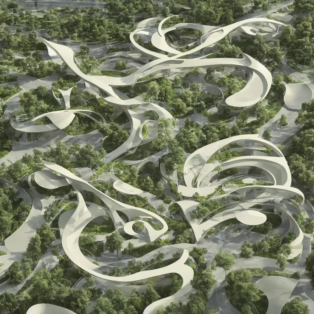 Image similar to “ an incredibly smooth curvilinear architectural sculpture, unfolding continuous golden surfaces enclose a visually interesting garden designed by zaha hadid, architecture render, axonometric ”