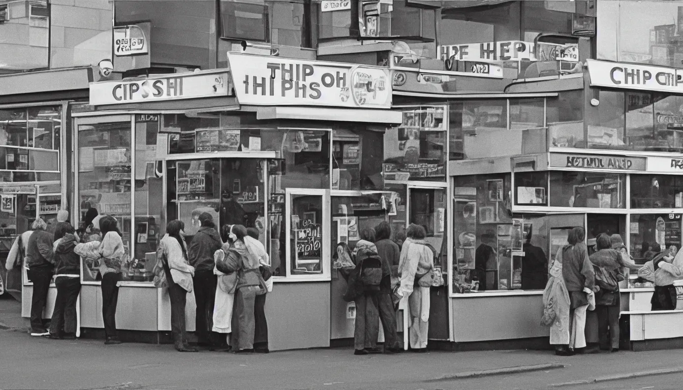 Image similar to 1 9 7 0 s chip shop, customers argue about the price, hyper realistic photo, full colour, upscale, 8 k, masterpiece,