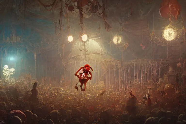 Image similar to skull clown inside a circus, illustrated by Simon Stålenhag and Gaston Bussiere, 35mm lens, rule of third, beautiful volumetric-lighting-style atmosphere, intricate, ultra detailed, photorealistic imagery, trending on artstation, 4k, 8k