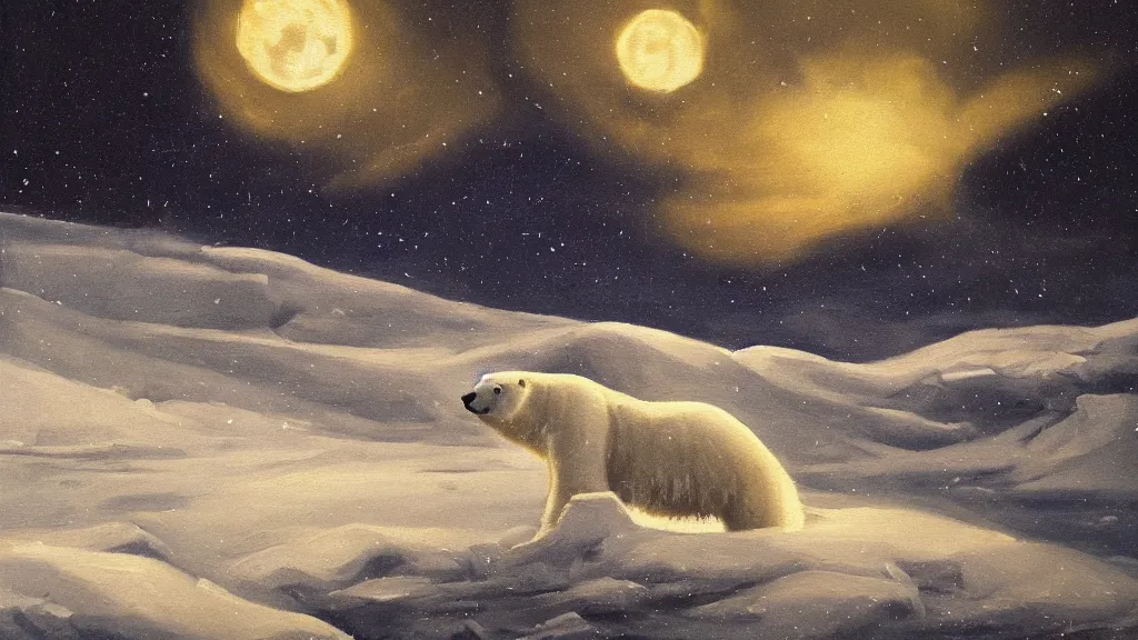 Image similar to an oil painting of a polar bear traversing a snowy landscape at night, the northern lights and the moon are visible