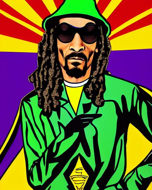 Prompt: pop art, snoop Dogg dressed as a green Superman with a marijuana logo, Long Beach background, sunset