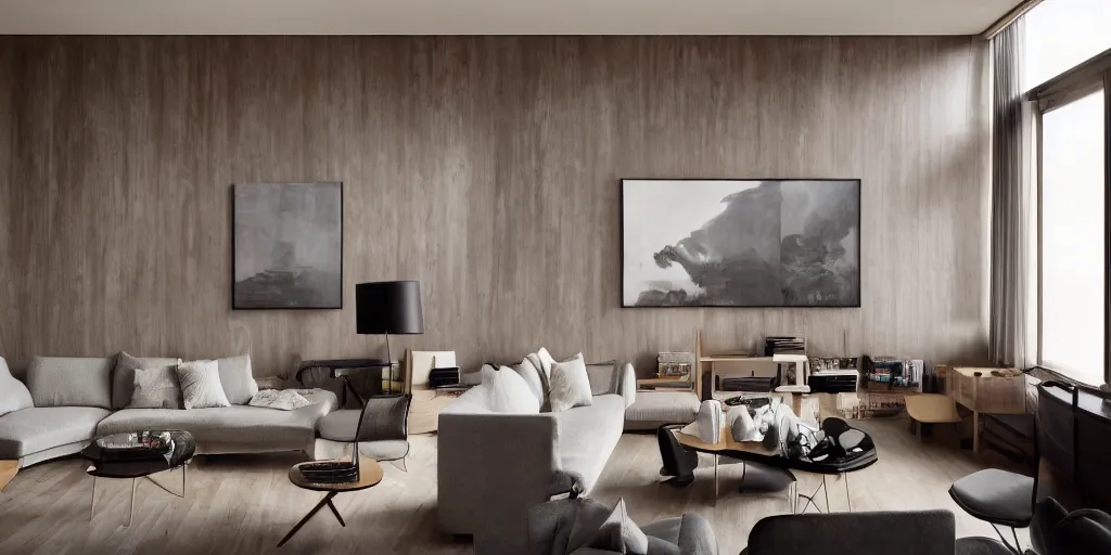 Image similar to beautiful oil matte portrait painting, modern living room with wood paneling and concrete walls designed by zaha hadid, wonderful masterpiece, highly detailed, beautiful cinematic light, deep focus, elegant, digital painting, smooth, sharp focus, golden ratio, dramatic illumination, ultra realistic, 8 k, art by artemisia lomi gentileschi and caravaggio