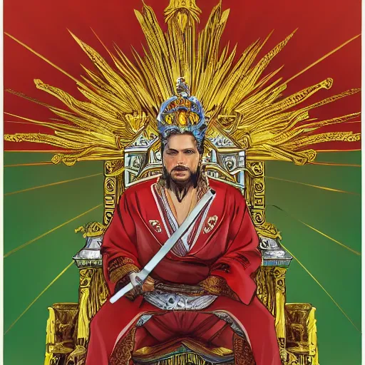 Image similar to modern self portrait of man sitting on throne, legs crossed, while holding a sword, white man, hispanic, brown hair, light skin, golden throne, sharp, marker, red robes, 8 k, hi - rez, clear, brown eyes, colored, green plants and golden background, sun in the sky, palace scenery, sharp, illustrated byyoji shinkawa