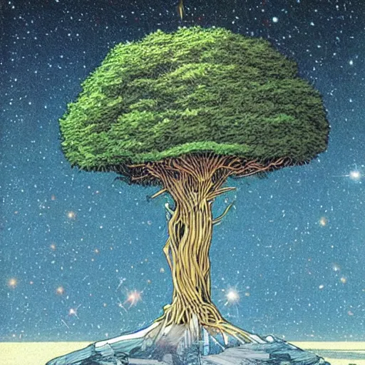 Image similar to a large tree growing from a crystal floating in space, by moebius