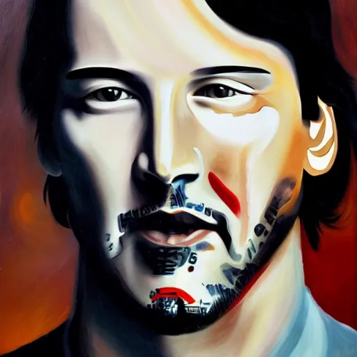 Image similar to A painting of Keanu Reeves in the style of Raoul Hausmann