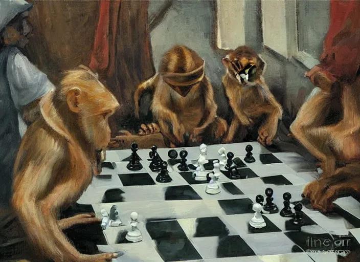 Image similar to a highly detailed beautiful painting of chess played by monkeys, by gregory manchess, james gurney, james jean