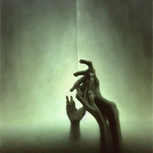 Prompt: arm reaching out of thick fog, marble blocks levitating in the background, zdzislaw beksinski