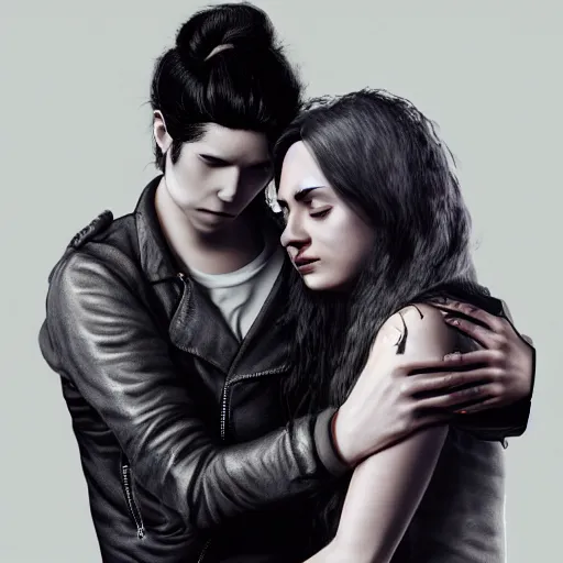 Prompt: Hot young woman, grey skin, void eyeballs, tattoos, wearing a leather jacket, hugging a shrouded man as they cry on her chest, comforting, touching, wholesome, digital art, concept art, unreal engine 5, watercolour, big sister, little brother, realistic, 4k, 8k