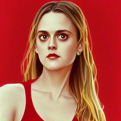 Image similar to of 9 0 s alicia silverstone wearing a red v - neck one - piece swimsuit symmetrical face concept art, octane render unreal engine meta humans, smooth, sharp focus, illustration, art by artgerm and greg rutkowski and alphonse mucha trending on artstation