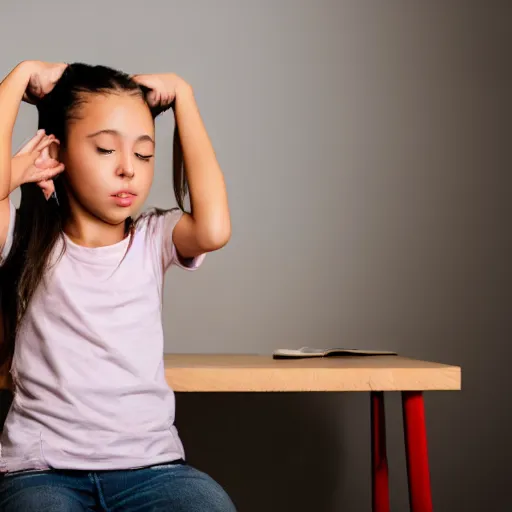 Image similar to girl with elbow on a desk and hands dragging back hair on the head sitting on a chair