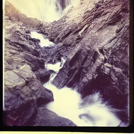 Image similar to a deep dark vertical shaft with rushing water, creepy, eerie, unsettling, terrifying, jagged rocks, dark, old polaroid, expired film,