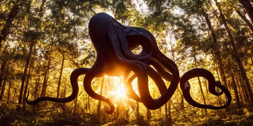 Prompt: a highly detailed giant black octopus god floating in the middle of a forest, beautiful ambient light, sun rays hitting the slightly transparent creature, golden hour, 8k photography