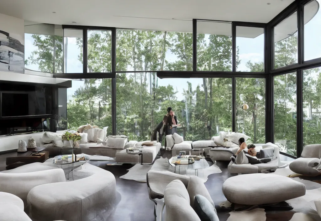 Prompt: a modern interior design, living room, residential design, floor - to - ceiling windows, by bobby berk, trending ，