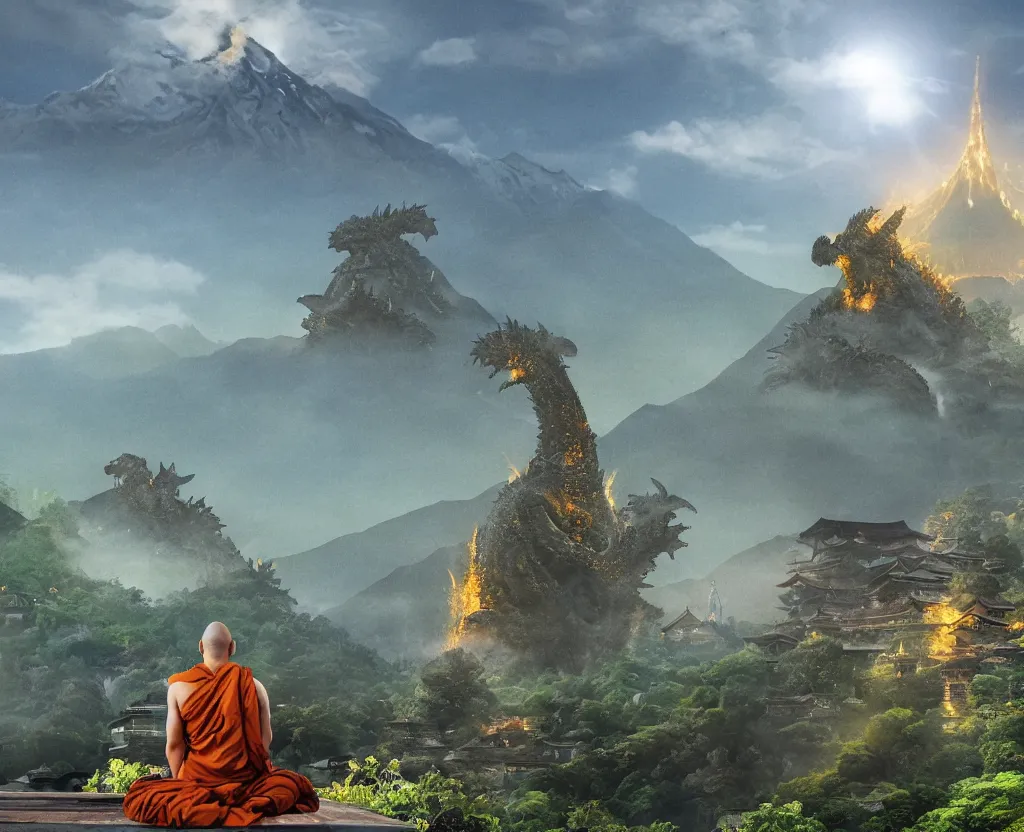 Prompt: a monk is meditating calmly on a beautiful mountain, in the foreground there is godzilla attacking a small village