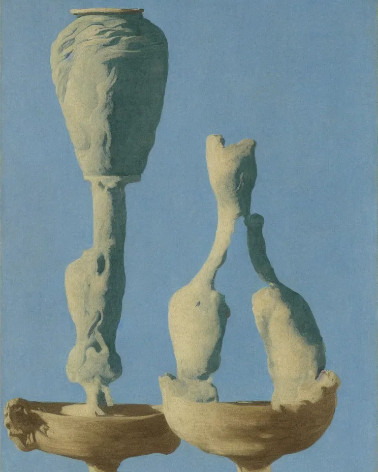 Image similar to achingly beautiful print of solitary painted ancient greek vase on baby blue background by rene magritte, monet, and turner.