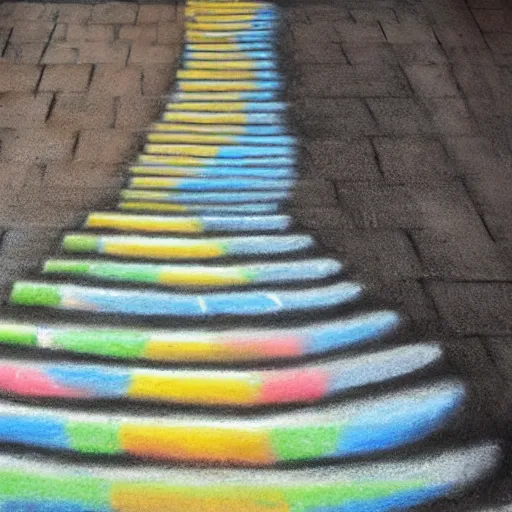 Prompt: a sidewalk chalk drawing of a twisting staircase leading to a sorrowful abyss