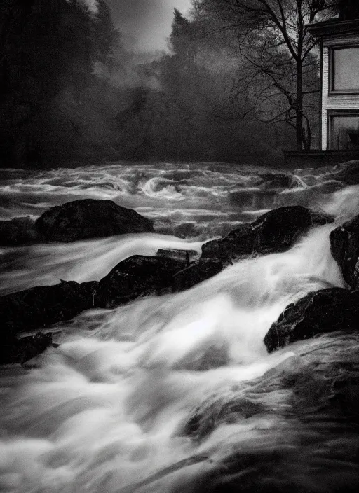 Image similar to river water rushing out through an open door, in the style of the Dutch masters and Gregory Crewdson, dark and moody