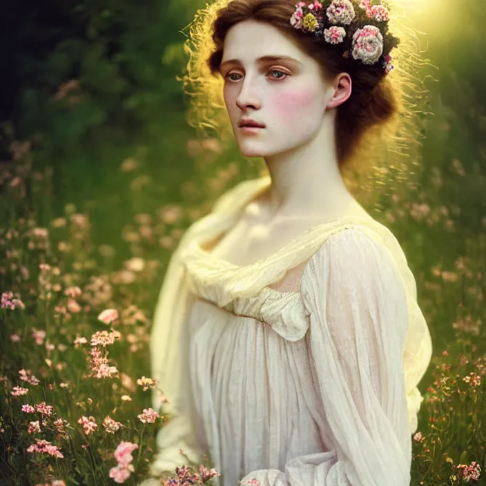 Image similar to Kodak Portra 400, 8K, soft light, volumetric lighting, highly detailed, britt marling style 3/4 ,portrait photo of a beautiful woman how pre-Raphaelites painter, a beautiful lace dress and hair are intricate with highly detailed realistic beautiful flowers , Realistic, Refined, Highly Detailed, natural outdoor soft pastel lighting colors scheme, outdoor fine art photography, Hyper realistic, photo realistic