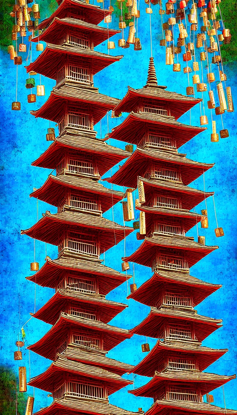 Prompt: pagoda with a lot of wind chimes, digital art