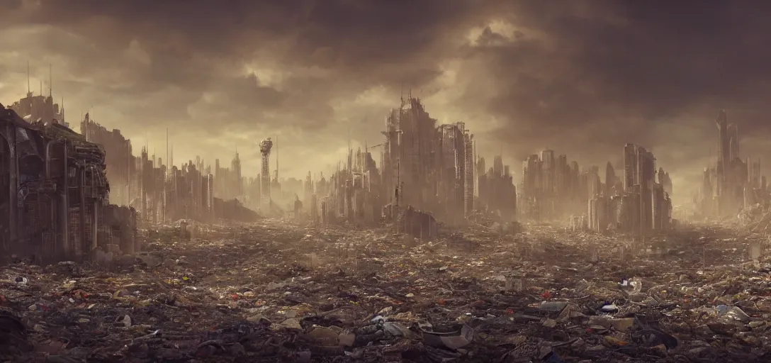 Image similar to Abandoned Mega City filled with trash, dystopia, dystopian future, matte painting, digital art, award-winning art, dramatic, sad, trending on artstation, emotional, 8k