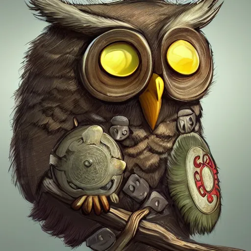 Prompt: A detailed, highly realistic anthropomorphic owl with a viking helmet and round shield standing in front of a tree, an anthropomorphic owl with a fluffy face wearing armor in front of a tree, digital art, ArtStation, Commission, Award Winning