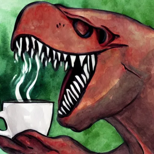 Prompt: a t-rex drinking from a cup of coffee on a sunny day, water color painting, bright, beautiful