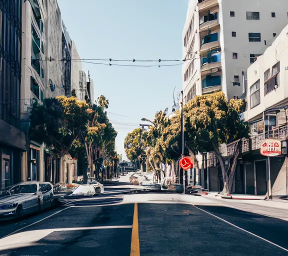 Prompt: photo of an average los angeles street, cinematic color grading, various poses, soft light, faded colors, well framed, sharp focus, 8 k