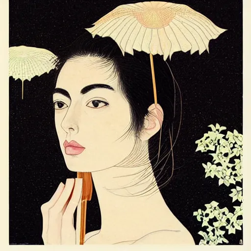 Image similar to “ ann hathaway portrait by ikenaga yasunari and ayana otake and ko rakusui, 6 0 s poster, drawing, realistic, sharp focus, japanese, dreamy, nostalgia, faded, golden hues, floral clothes, porcelain skin ”