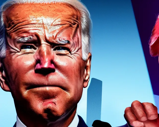 Image similar to joe biden with glowing eyes standing behind crying donald trump, octane render, 8 k