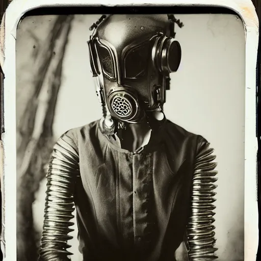 Prompt: tintype photographs of techno shamans, telepaths, dieselpunk cyborgs, masked heroes, irradiated humans, and monster hunters