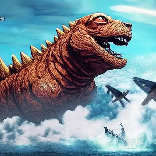 Image similar to gigantic 1 0 0 meters beagle dog fighting with godzilla over the sea, epic cinematic, 4 k, very high detail