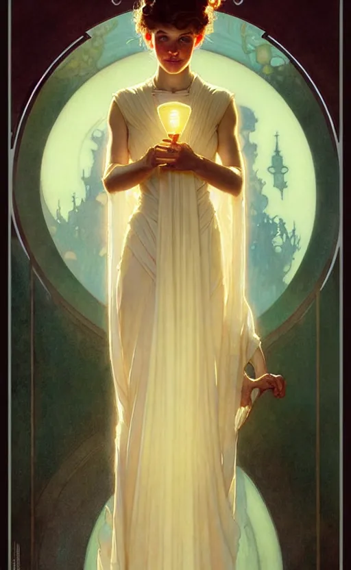 Image similar to girl wearing gown gorgeous lighting by weta studio, mucha, bautista and norman rockwell and greg rutkowski and tom bagshaw and james gurney and lucasfilm