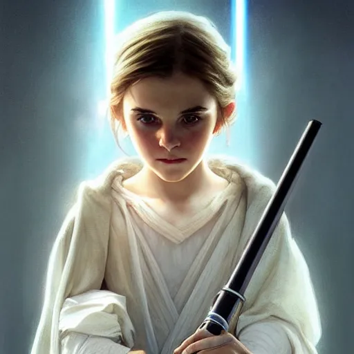 Image similar to perfectly - centered - portrait of a kid looking like young emma watson wearing white cloak holding light saber, intricate, highly detailed, digital painting, artstation, concept art, smooth, sharp focus, illustration, unreal engine 5, 8 k, art by artgerm and greg rutkowski and alphonse mucha