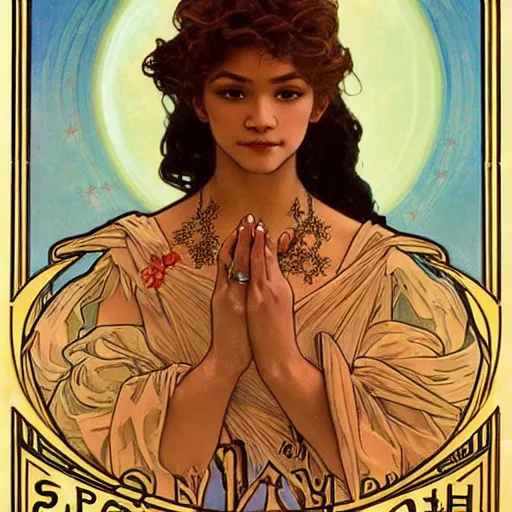 Image similar to zendaya portrait by louis - theophile hingre and alphonse mucha, realistic, sharp focus, zodiac signs, tarot cards, planets, ethereal, art nouveau, magic, moon, sun, crown, dreamy, royal, jewellery