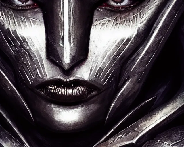 Prompt: extreme close up portrait of a dark elf in futuristic black leather armor, reflective black, bottom up lighting, stoic, poised, deep focus, d & d, fantasy, intricate, highly detailed, digital painting, artstation, concept art, matte, sharp focus, illustration, hearthstone, art by artgerm and greg rutkowski and alphonse mucha