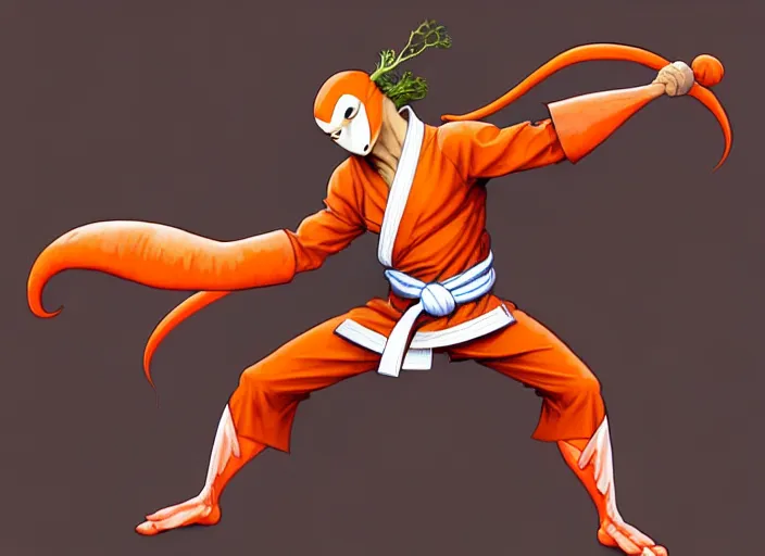 Image similar to a anthropomorphic carrot wearing karate gi, diffuse lighting, fantasy, dojo background, intricate, elegant, highly detailed, lifelike, photorealistic, digital painting, artstation, illustration, concept art, smooth, sharp focus, art by frank frazetta and marco bucci and loish and rossdraws and artgerm and alphonse mucha