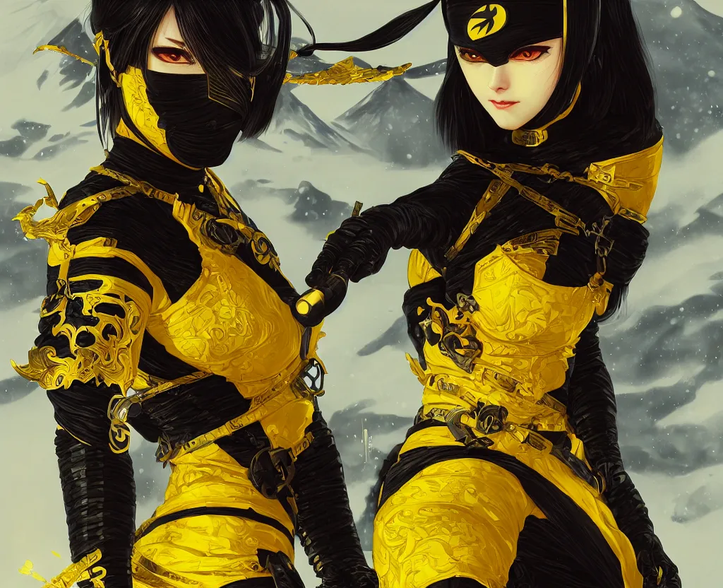 Image similar to portrait ninja gaiden girl, black and yellow ninja wardrobe, at snowy fuji mountain sunrise, ssci - fi and fantasy, intricate and very very beautiful, detailed, digital painting, artstation, concept art, smooth and sharp focus, illustration, art by tian zi and wlop and alphonse mucha