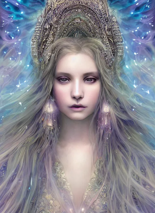 Image similar to a photographic portrait of a esoteric goddess created out of starlight and mist, cinematic, volumetric lighting, beautiful fantasy, intricate, elegant, highly detailed, digital painting, artstation, concept art, smooth, sharp focus, illustration, art by ayami kojima, artgerm and h r giger and alphonse mucha