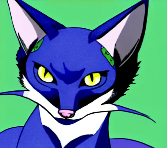 Image similar to a blue - and - black male catbat fursona with blue / green heterochromatic eyes ( differently - colored eyes, one eye green, one eye blue ) and huge bat ears, photo of the catbat streaming on his computer