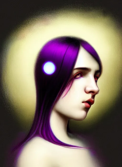 Image similar to hair whitebangs hair, black hair, whitebangs, portrait of teenage girl with white bangs, red irises, purple clothes, white bangs, bangs are different color from hair, intricate, elegant, glowing lights, highly detailed, digital painting, artstation, concept art, smooth, sharp focus, illustration, art by wlop, mars ravelo and greg rutkowski