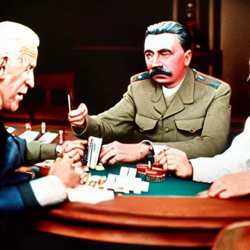 Image similar to UHD candid color photo of Joseph Stalin playing poker with Joe Biden and Hitler, accurate faces, UHD, photorealistic, correct face, photo by Annie Leibowitz