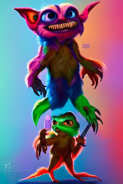 Prompt: colorful full body shot of gizmo gremlin and grogu, trending on artstation, trending on deviantart ,cinematic backlighting, 8k, symmetrical, correct proportions, hyper detail