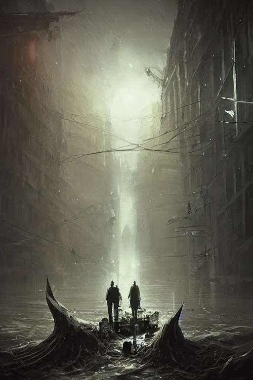 Image similar to sinking city, flood, lovecraftian, chaos, digital art, in the style of greg rutkowski, trending on artstation