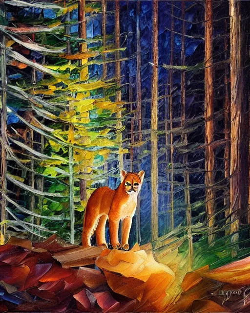 Prompt: cougar in forest at night, shot from drone, grainy, photo by leonid afremov, polaroid